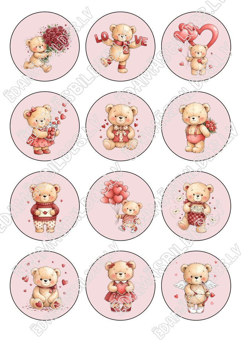 Cukura papīrs ar apdruku "Valentīndienas lācīši", aplīši 6 cm